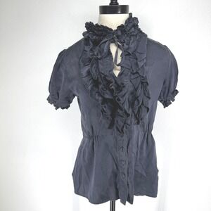 Jenny Han Navy Blue 100% Silk Ruffle Tie Neck Puff Sleeve Blouse Small Regency
